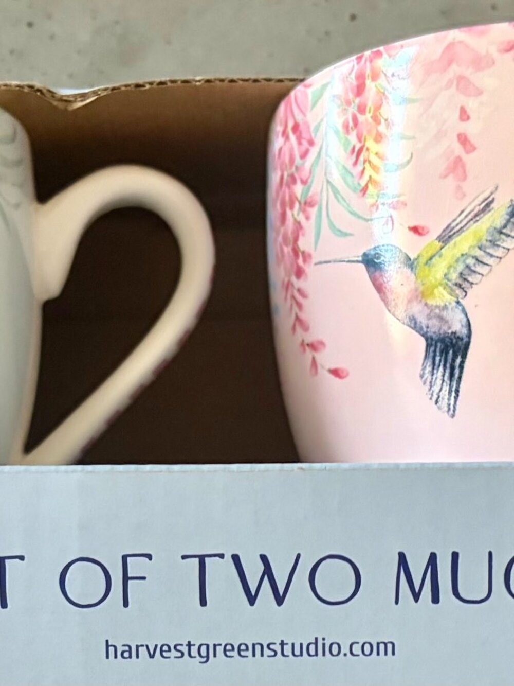 Harvest Green Studio “Happy Thoughts” Hummingbird Mugs – Set of 2